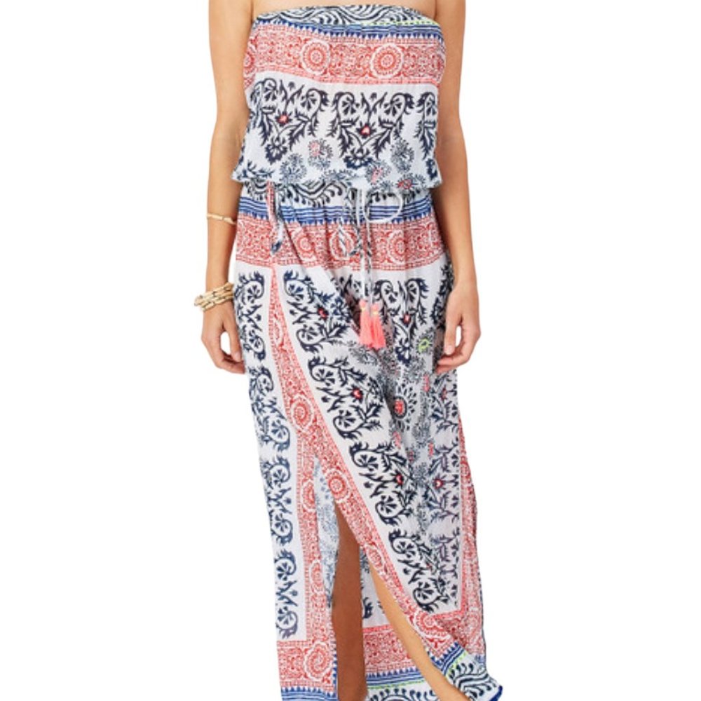 Kalypso 7 Sumba Strapless Dress Coverup, White Multi, Cotton, M